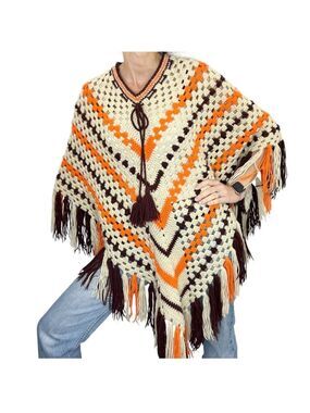 Vintage boho beige orange brown crochet knit fringe open knit poncho sweater